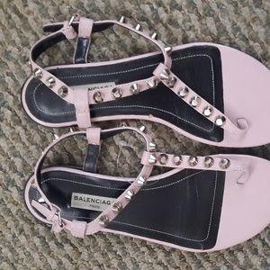 Pre-loved Balenciaga flat sandals. Baby pink with black soles. Size 35Eu or 4US.
